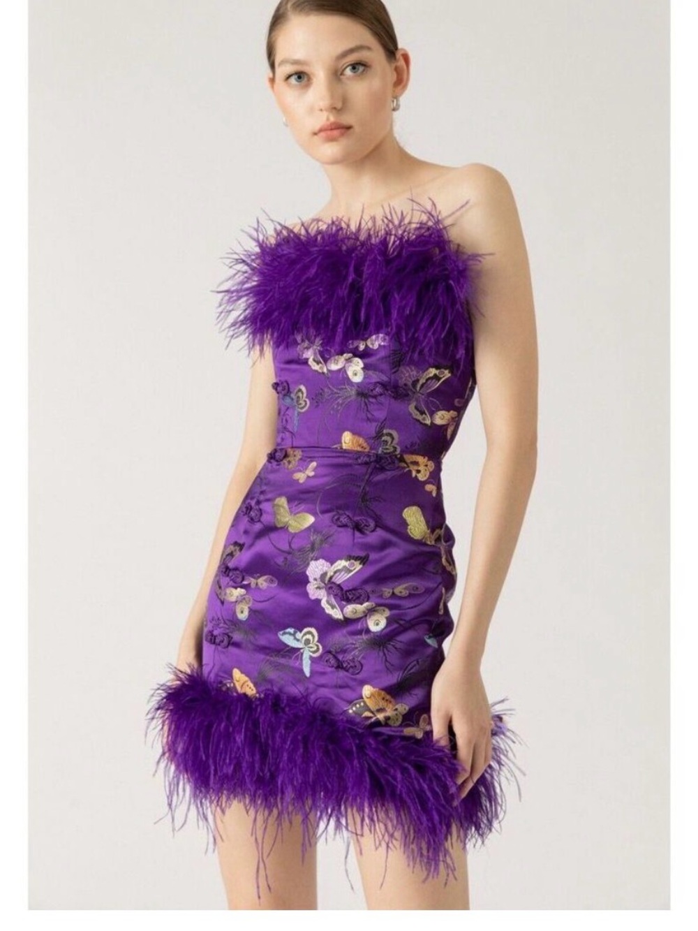 Sau Lee Jayde Feather Trim Satin Dress